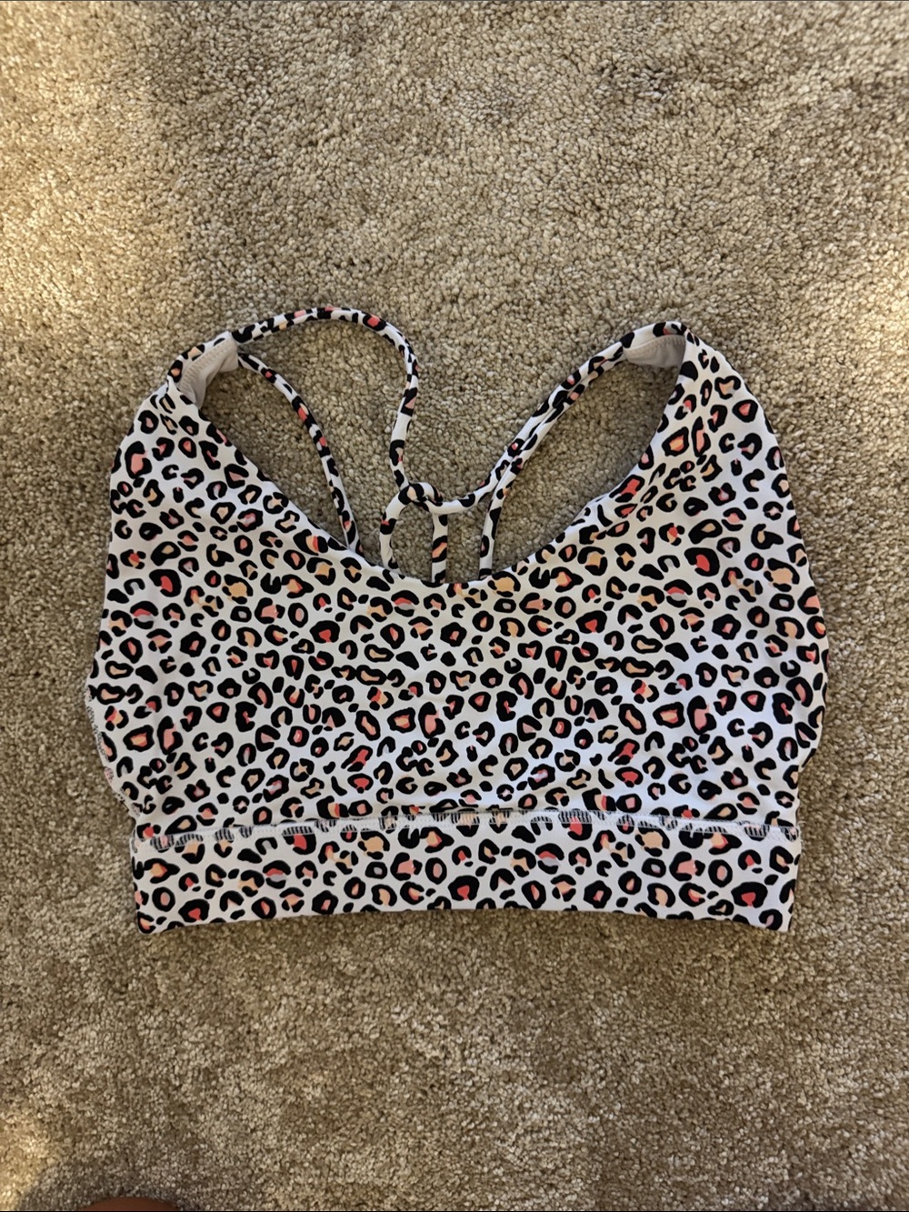Leopard Print Strappy Sports Bra - White with Pink Accents